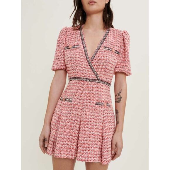 Maje Tweed Mini Dress V Neck with Ethnic Trim women’s size 2 recycled polyester - Picture 1 of 16